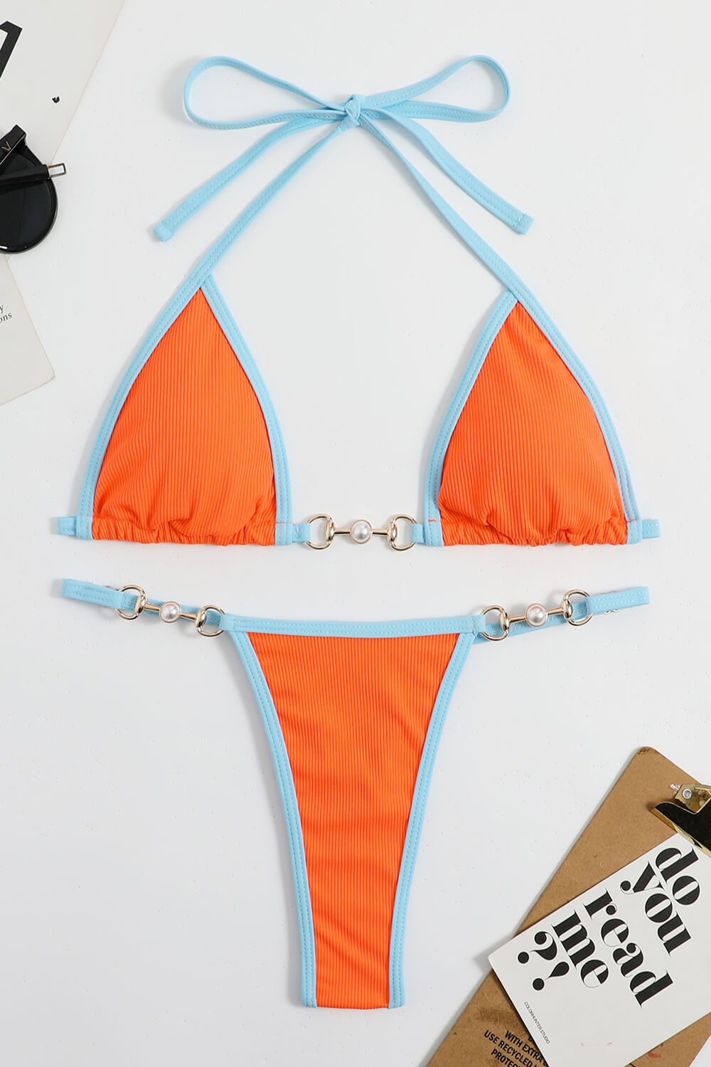 Ribbed Contrast Halter Triangle G-String Brazilian Bikini Set Orange