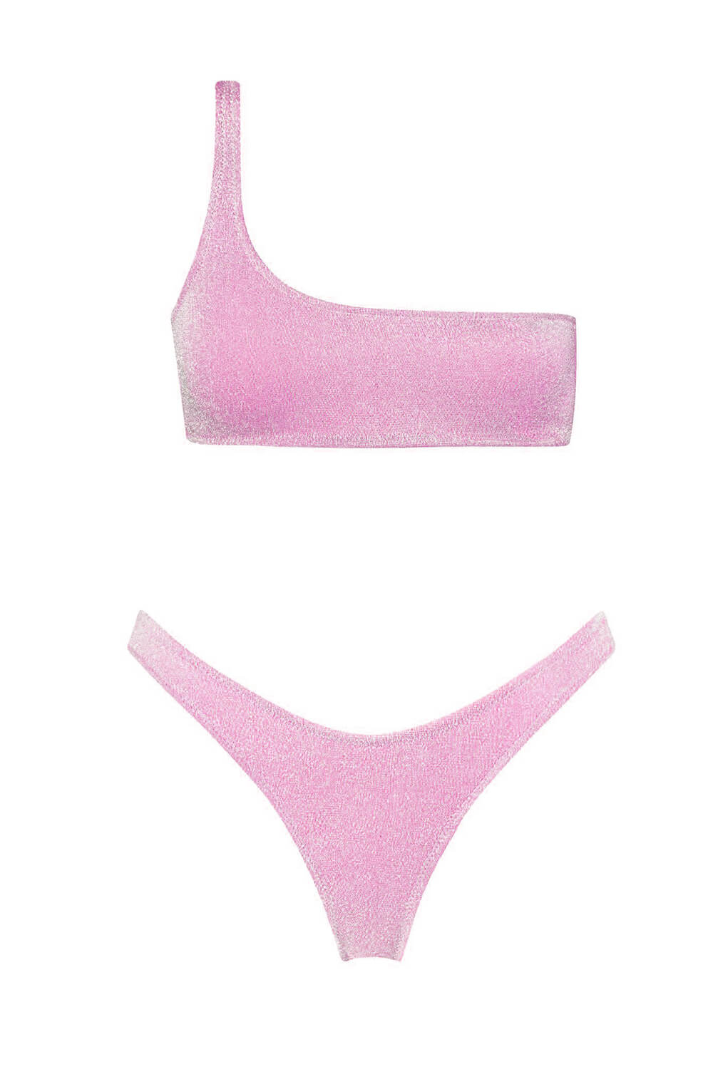 Shimmer Lurex One Shoulder High-Cut Bikini Set Pink