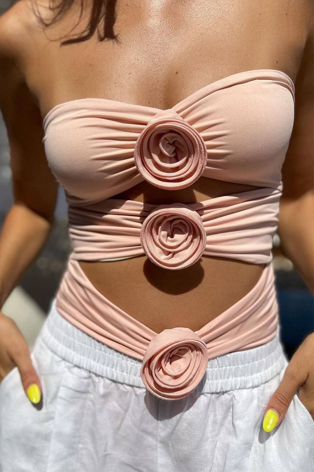 Rose Applique Strapless Cut-Out One Piece Swimsuit Pink