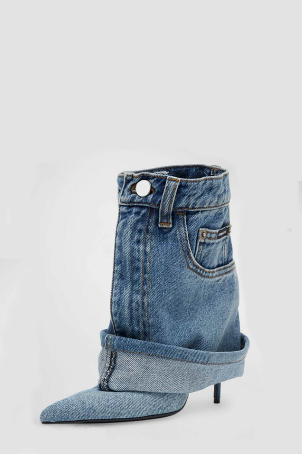 Denim Folded Mid Calf Pointed Toe Stiletto Heel Boots