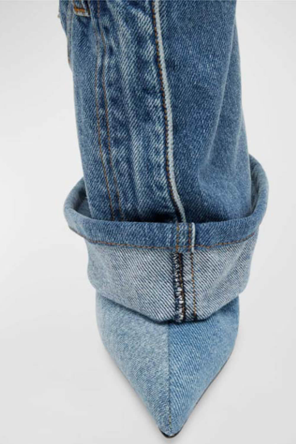 Denim Folded Mid Calf Pointed Toe Stiletto Heel Boots