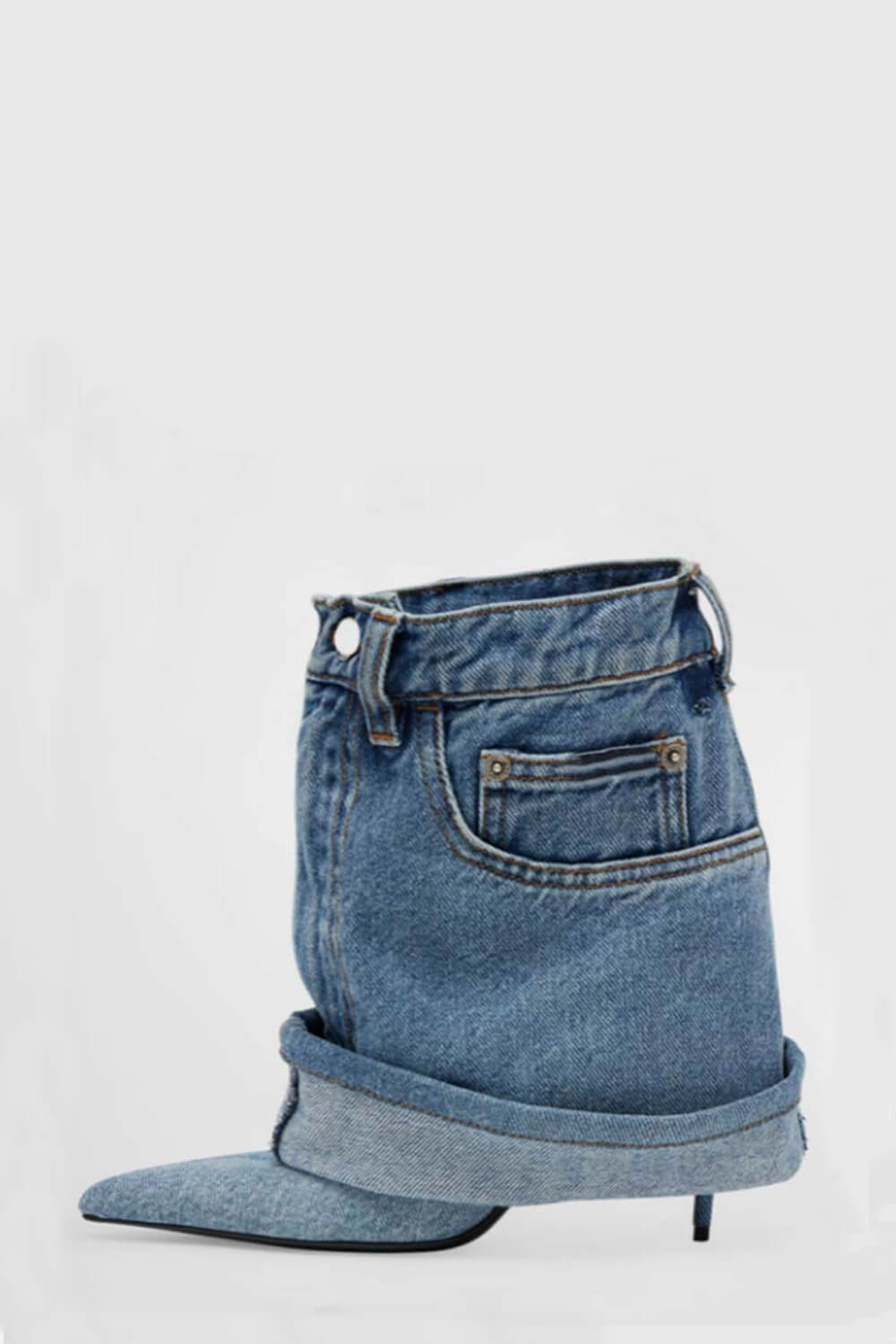 Denim Folded Mid Calf Pointed Toe Stiletto Heel Boots