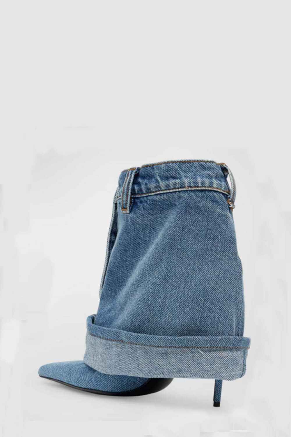 Denim Folded Mid Calf Pointed Toe Stiletto Heel Boots