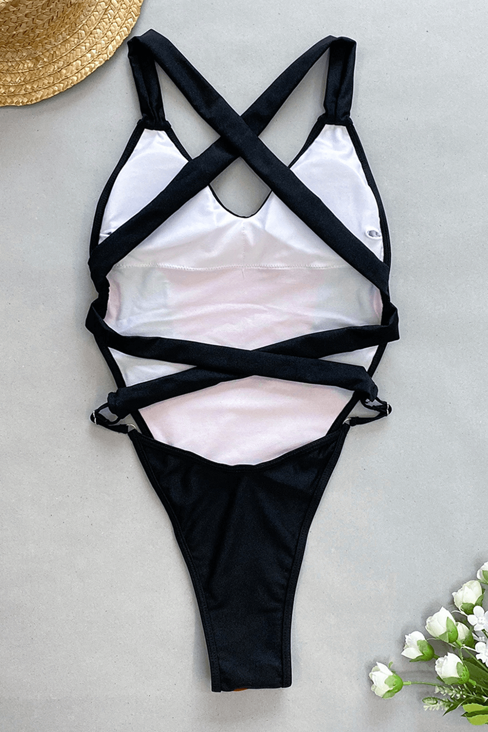 Color Block V Neck High-Cut One Piece Swimsuit - Black & Red