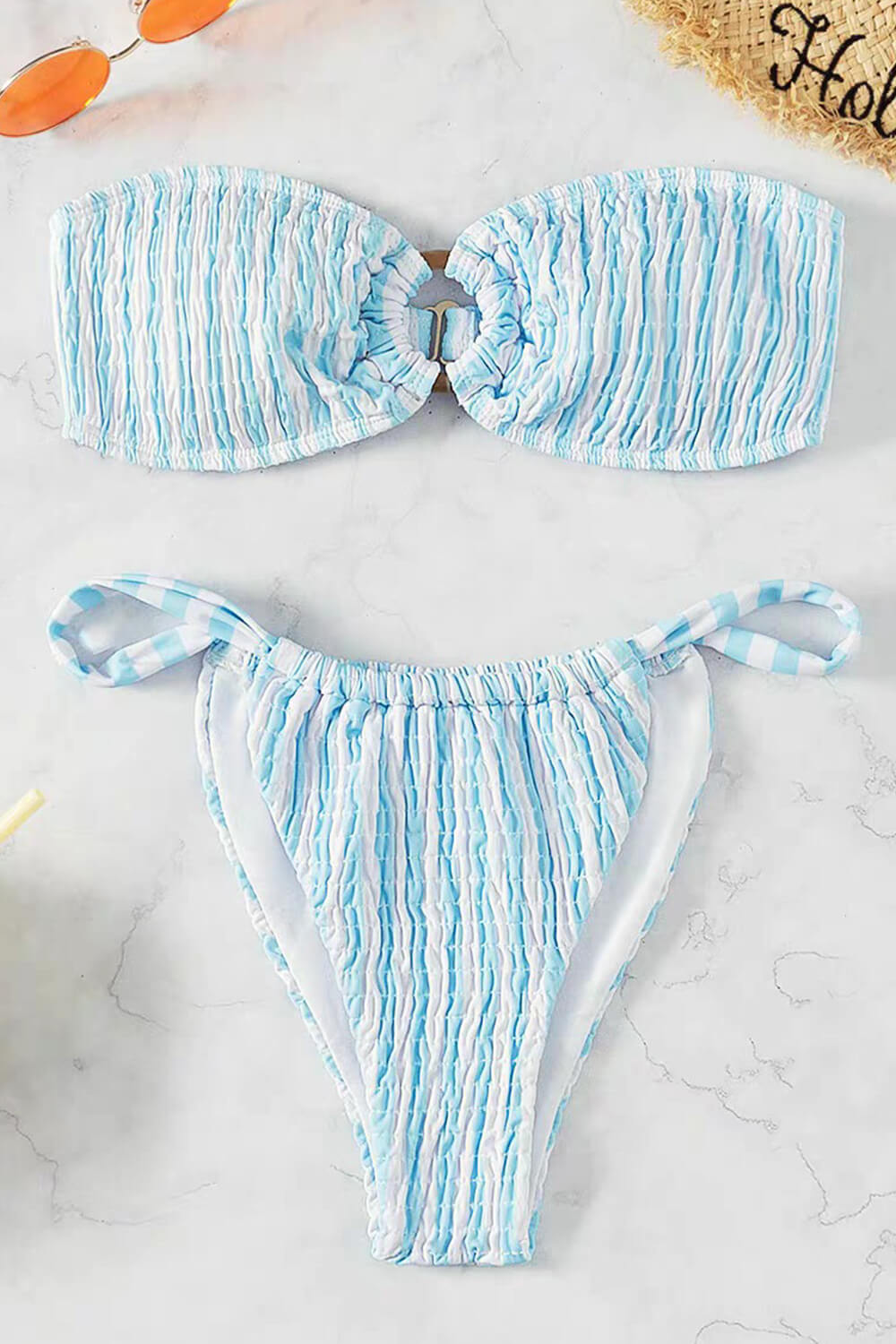 Crinkle Striped Bandeau Bikini Set With O-Ring Detail
