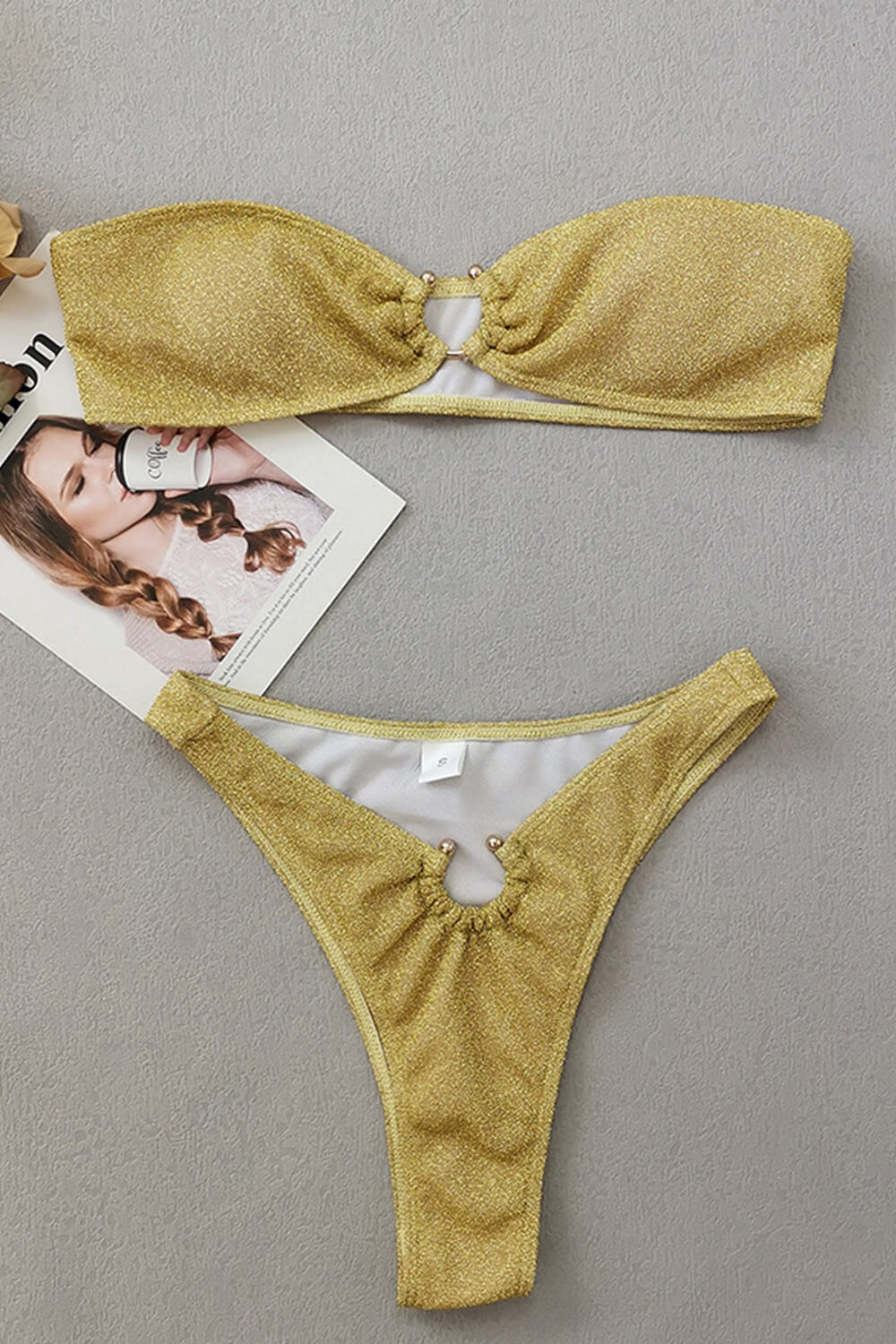 Gold Shimmer Bandeau Bikini Set With Ring Details
