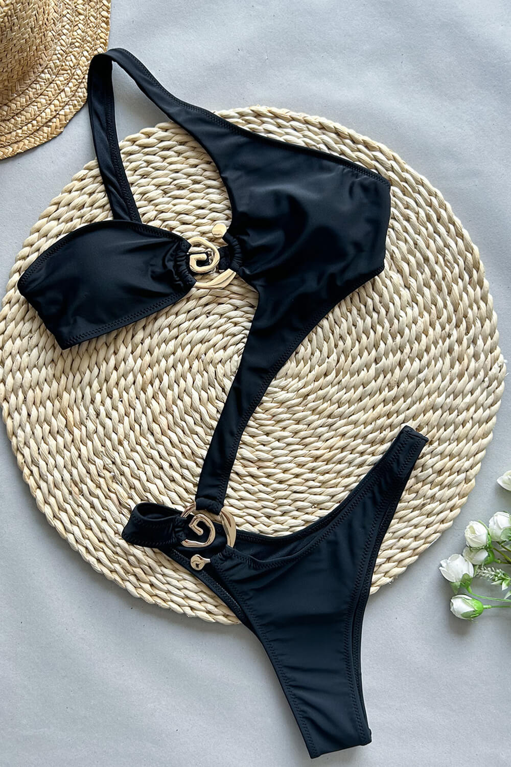 Black One Shoulder One Piece Swimsuit With Gold Spiral Hardware Details