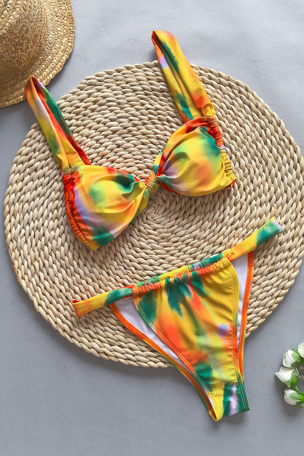 Multicolor Ombre Knot Front Strappy Bikini Set
