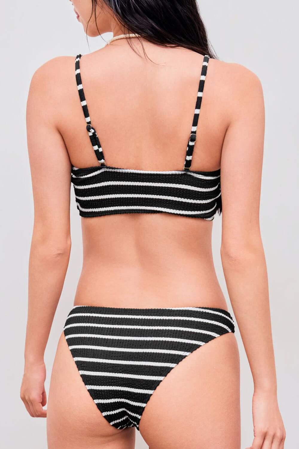 Black White Striped Textured Bandeau Bikini Set With Tortoise Shell Details