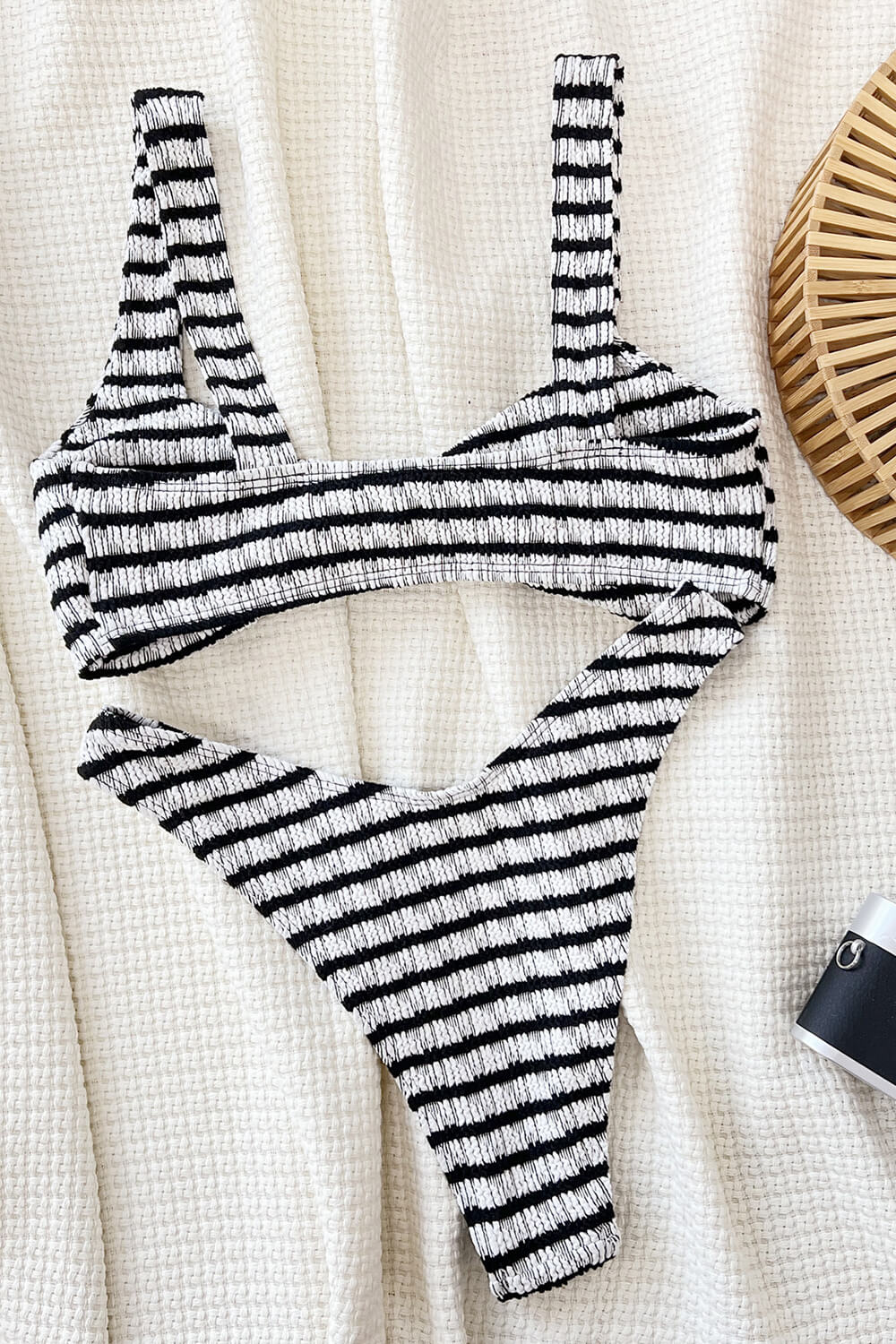 Striped Crinkle Twist-Front Cropped High Leg Bikini Set