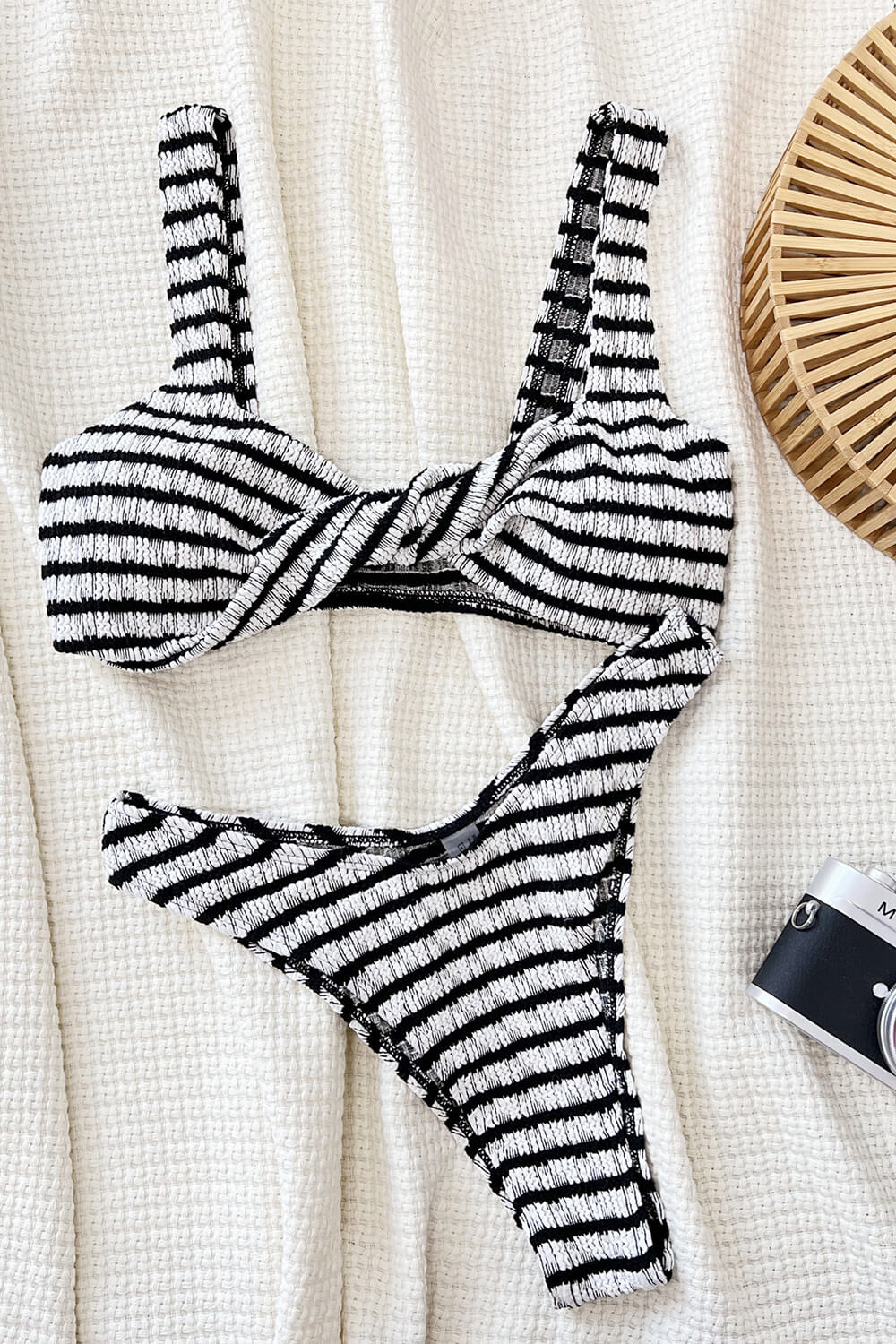 Striped Crinkle Twist-Front Cropped High Leg Bikini Set