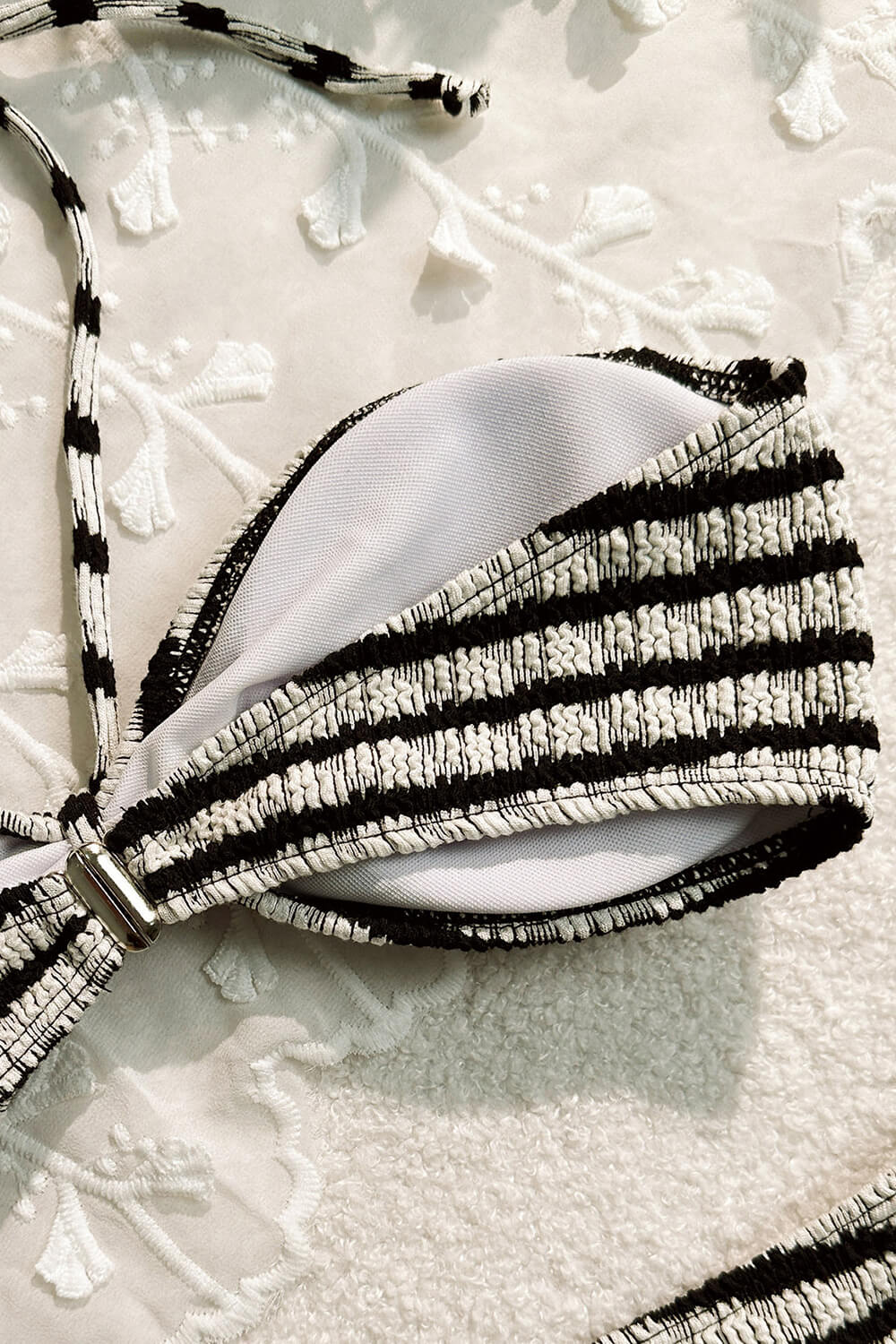 Black White Striped Textured Bandeau Hater Bikini Set