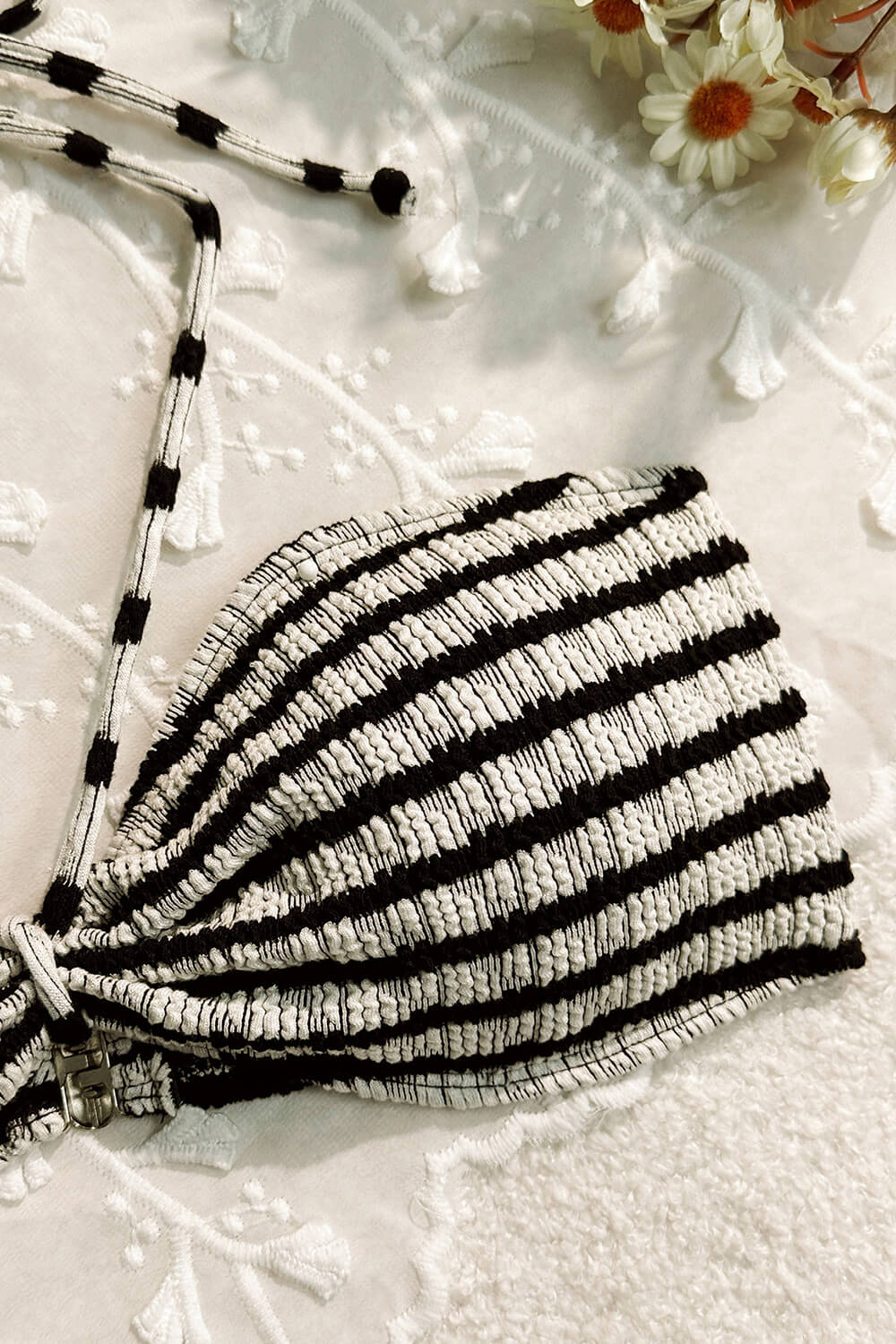 Black White Striped Textured Bandeau Hater Bikini Set