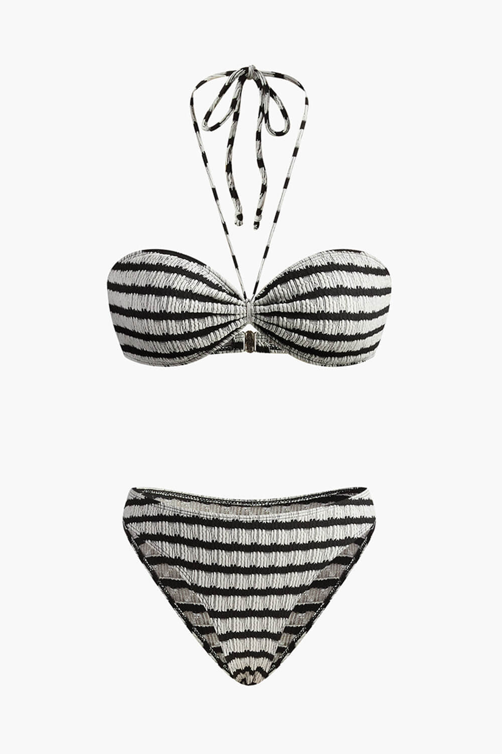 Black White Striped Textured Bandeau Hater Bikini Set