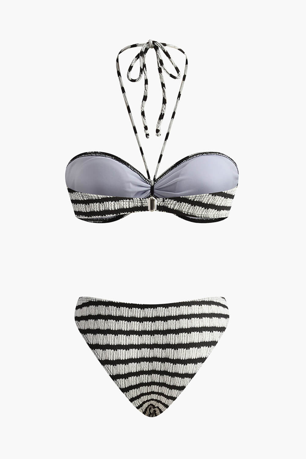 Black White Striped Textured Bandeau Hater Bikini Set