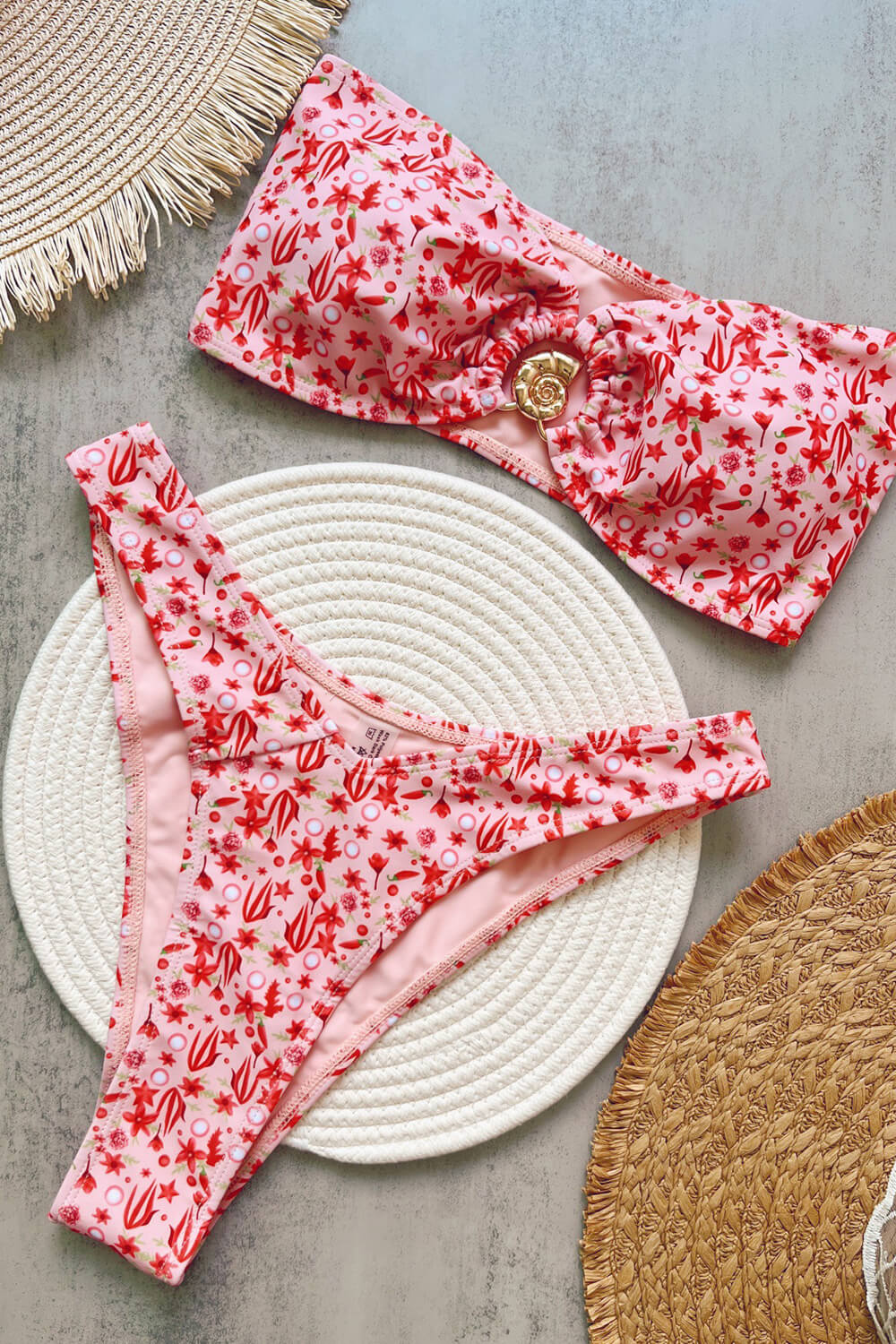 Floral Bandeau High Rise Bikini Set With Gold Shell Hardware Detail