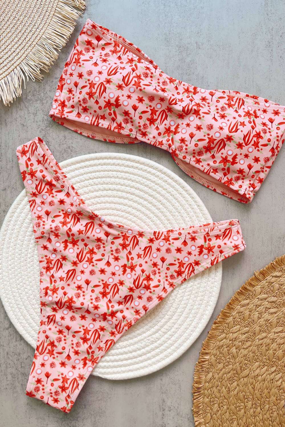 Floral Bandeau High Rise Bikini Set With Gold Shell Hardware Detail