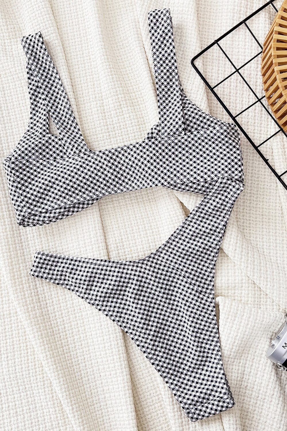 Gingham Print Twist-Front High Leg Bikini Set