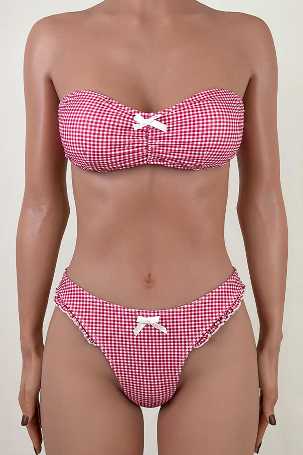 Pink White Gingham Print Bandeau Bikini Set