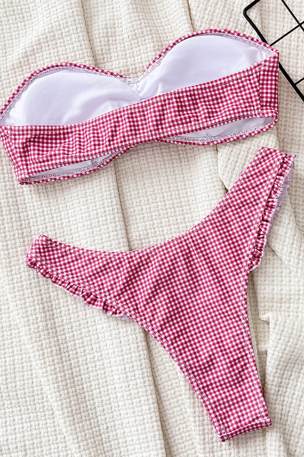 Pink White Gingham Print Bandeau Bikini Set