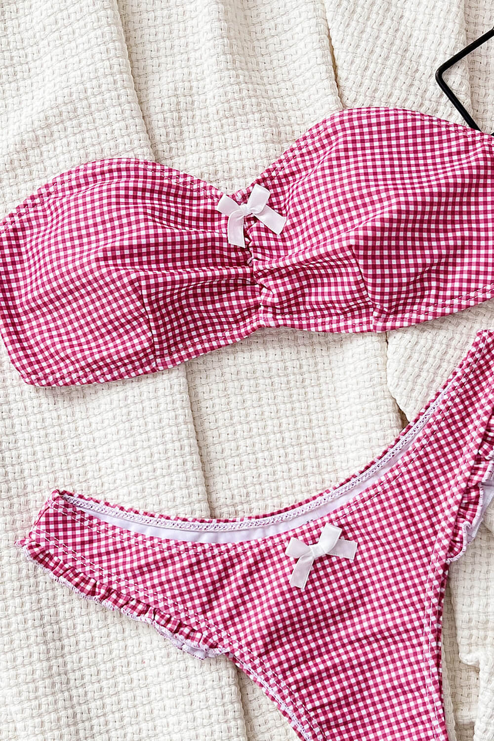 Pink White Gingham Print Bandeau Bikini Set