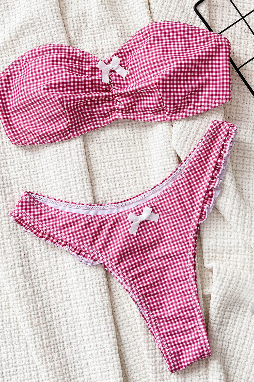 Pink White Gingham Print Bandeau Bikini Set