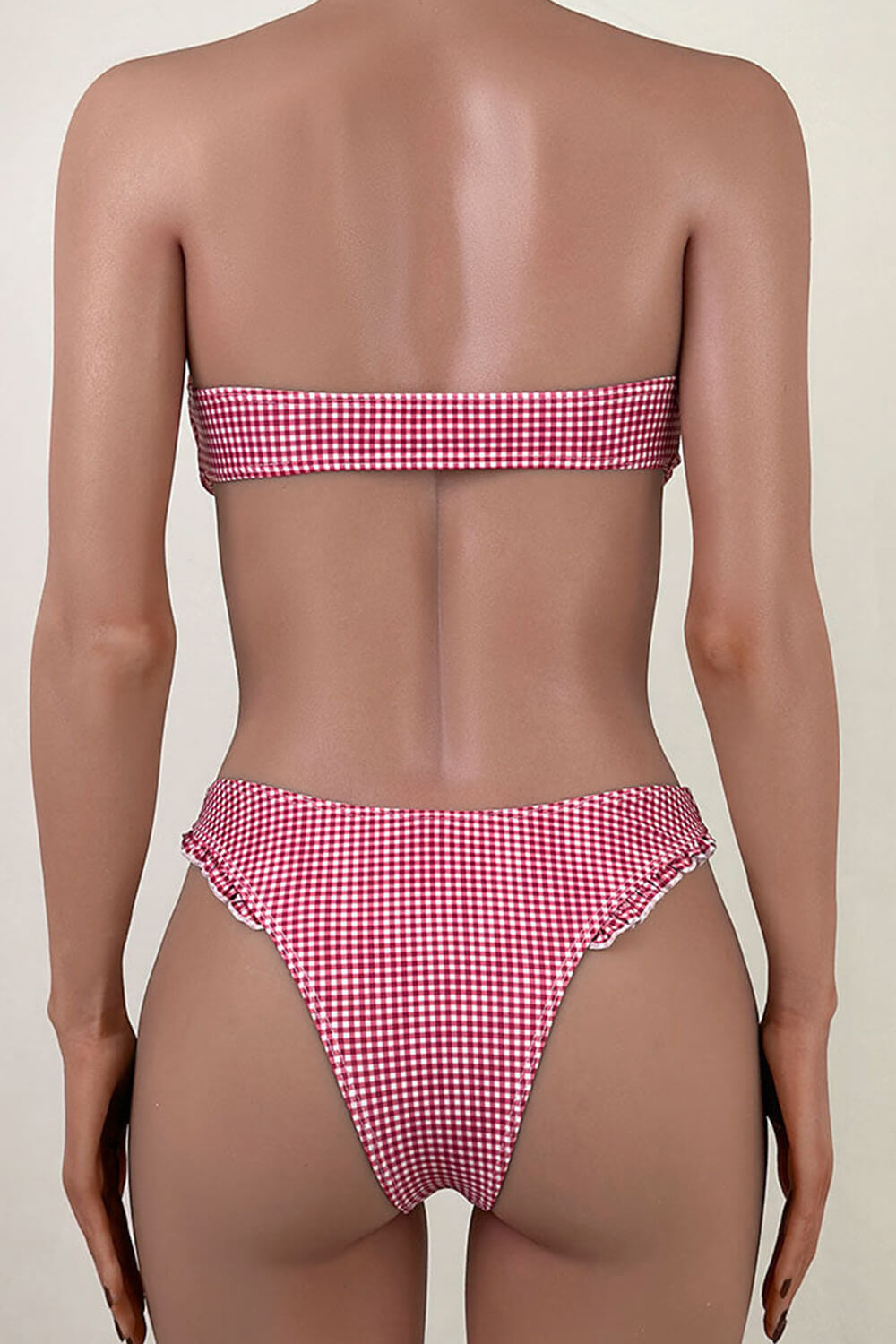 Pink White Gingham Print Bandeau Bikini Set