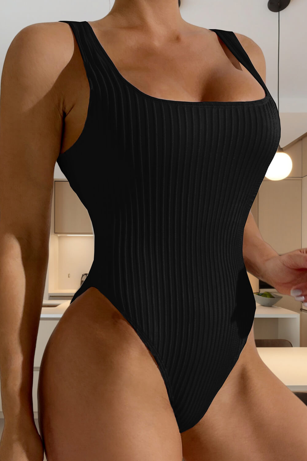 Textured Square Neck One Piece Swimsuit