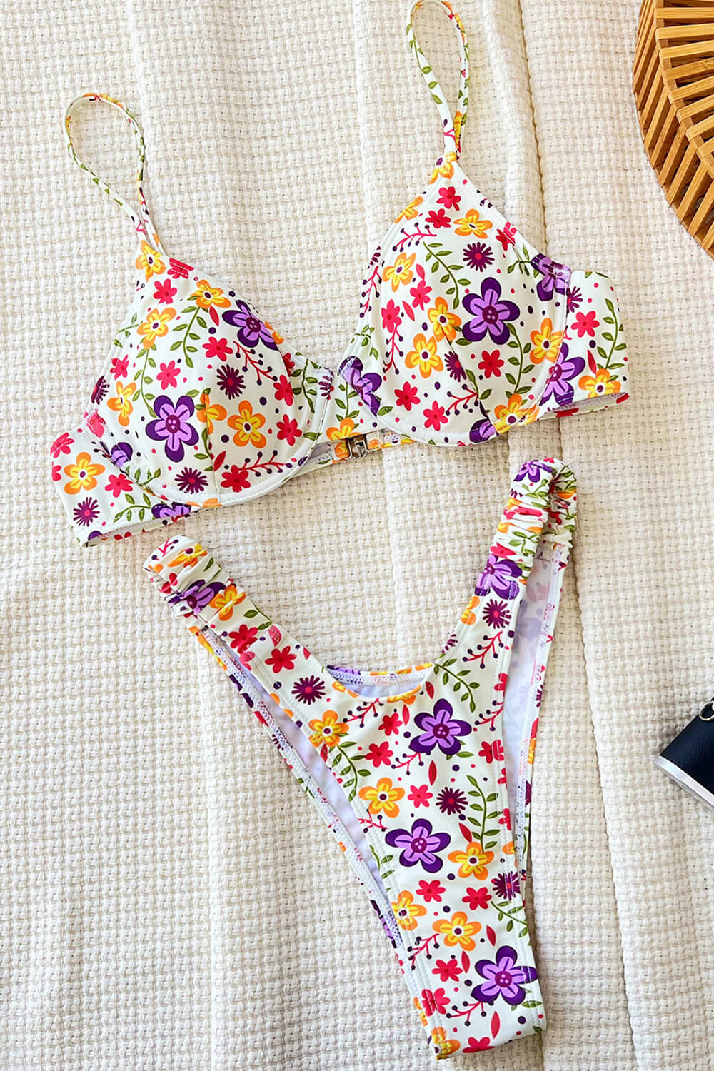 Floral Ruched Underwire High Leg Bikini Set