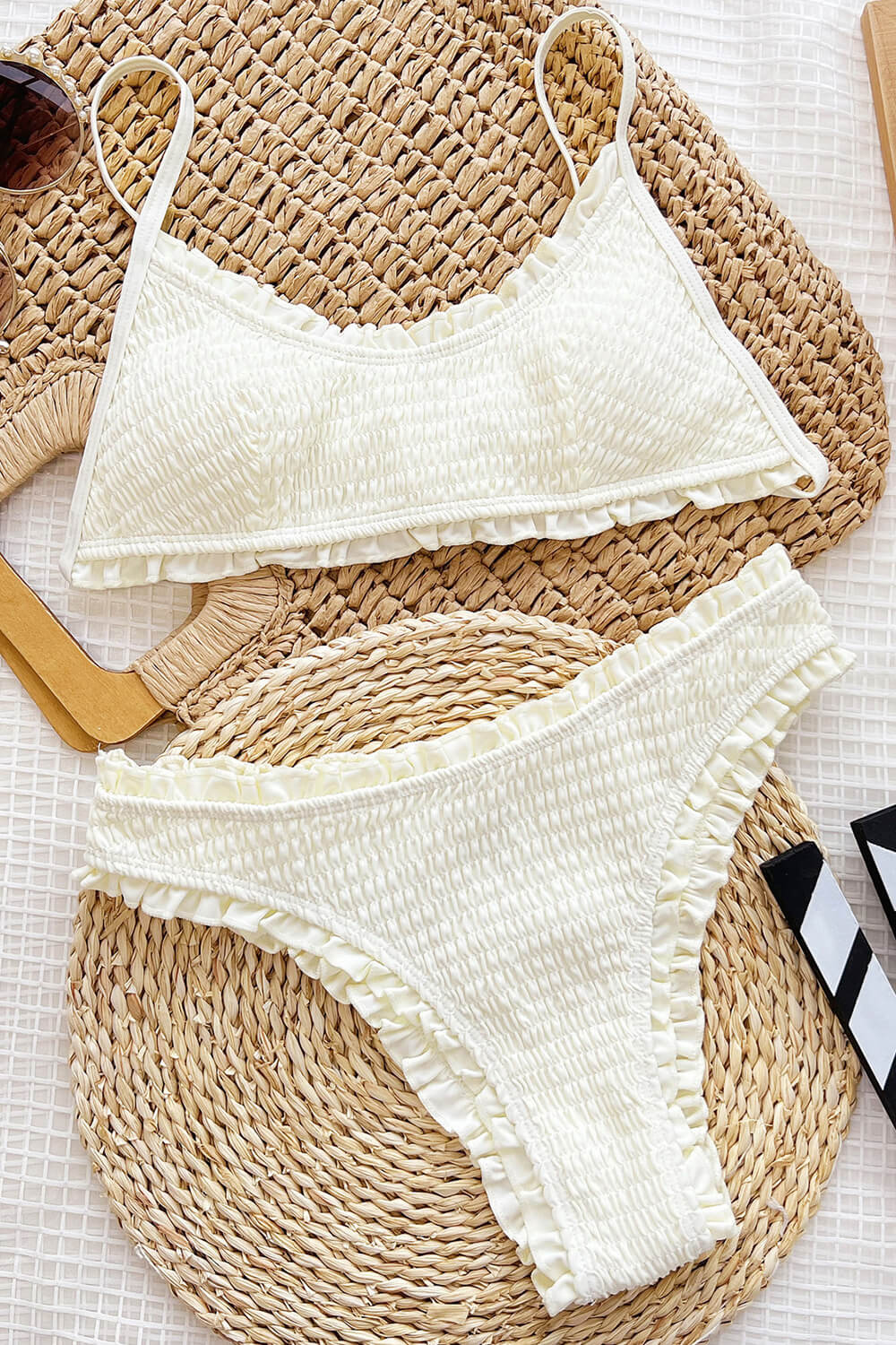 Crinkle Ruffled Trim High Waist Bikini Set
