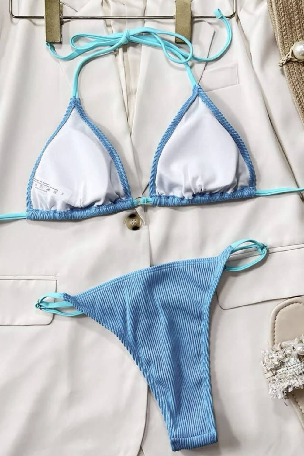 Contrast Colorblock String Halter Triangle Bikini Set