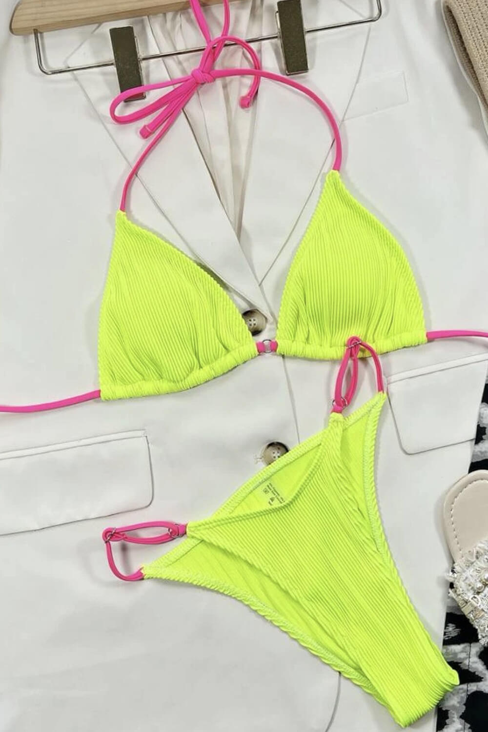 Contrast Colorblock String Halter Triangle Bikini Set Yellow