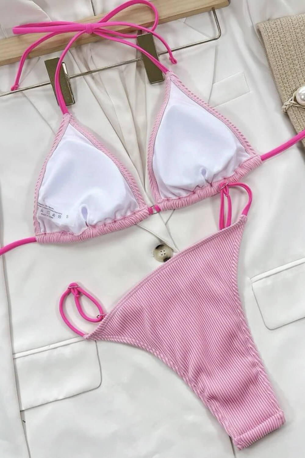 Contrast Colorblock String Halter Triangle Bikini Set