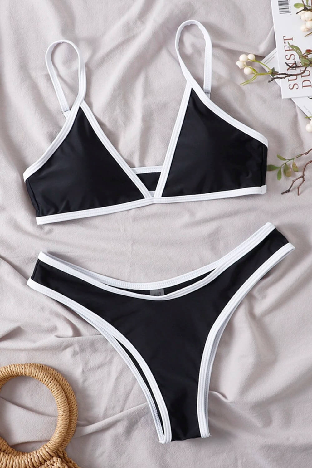 Colorblock Contrast Trim Triangle Bikini Set