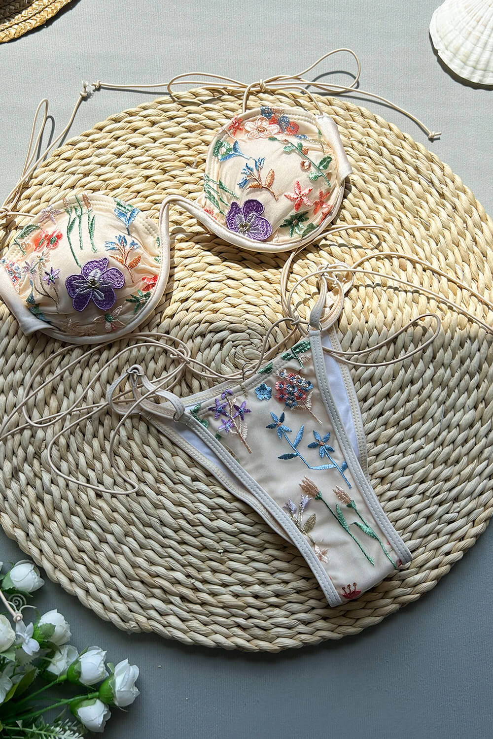Floral Embroidery Balconette Underwire Tie Side Bikini Set
