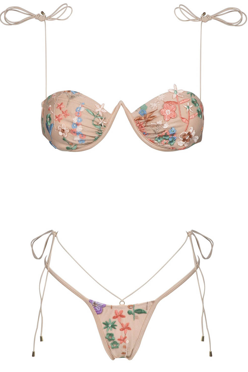 Floral Embroidery Balconette Underwire Tie Side Bikini Set
