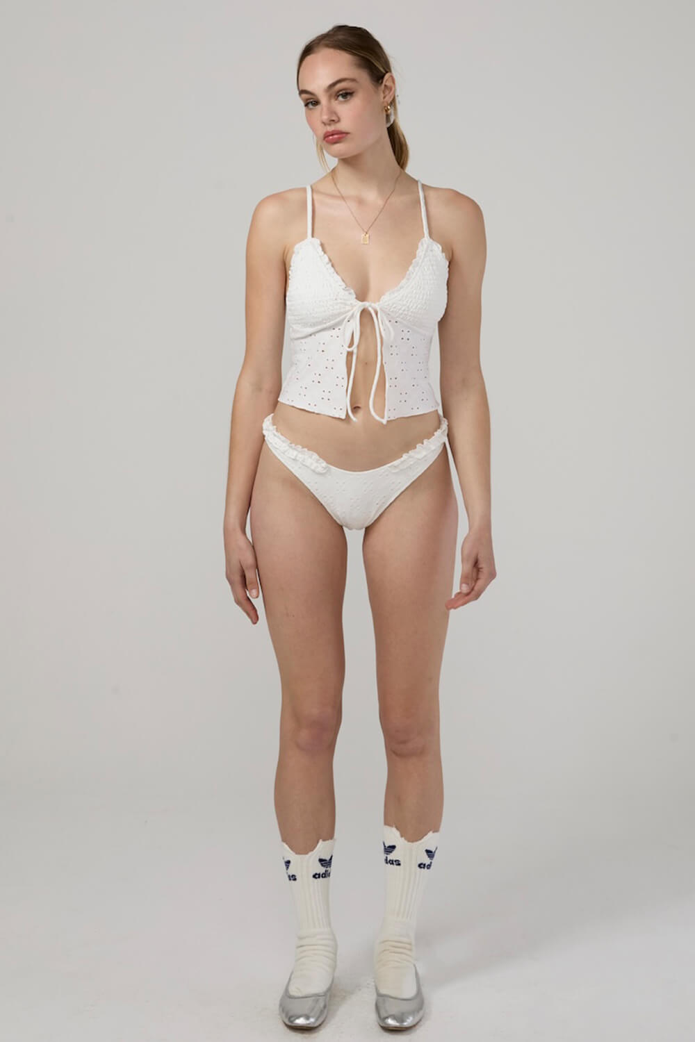 Eyelet Smocked V-Neck Ruffled Tie Front Cropped Tankini Set