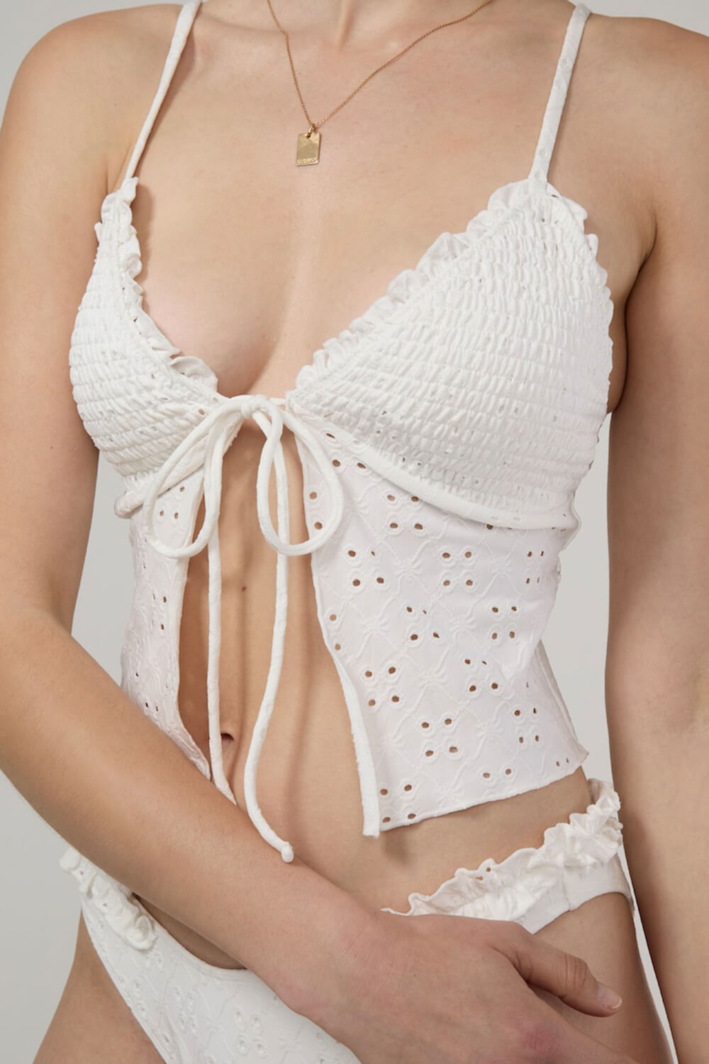 Eyelet Smocked V-Neck Ruffled Tie Front Cropped Tankini Set