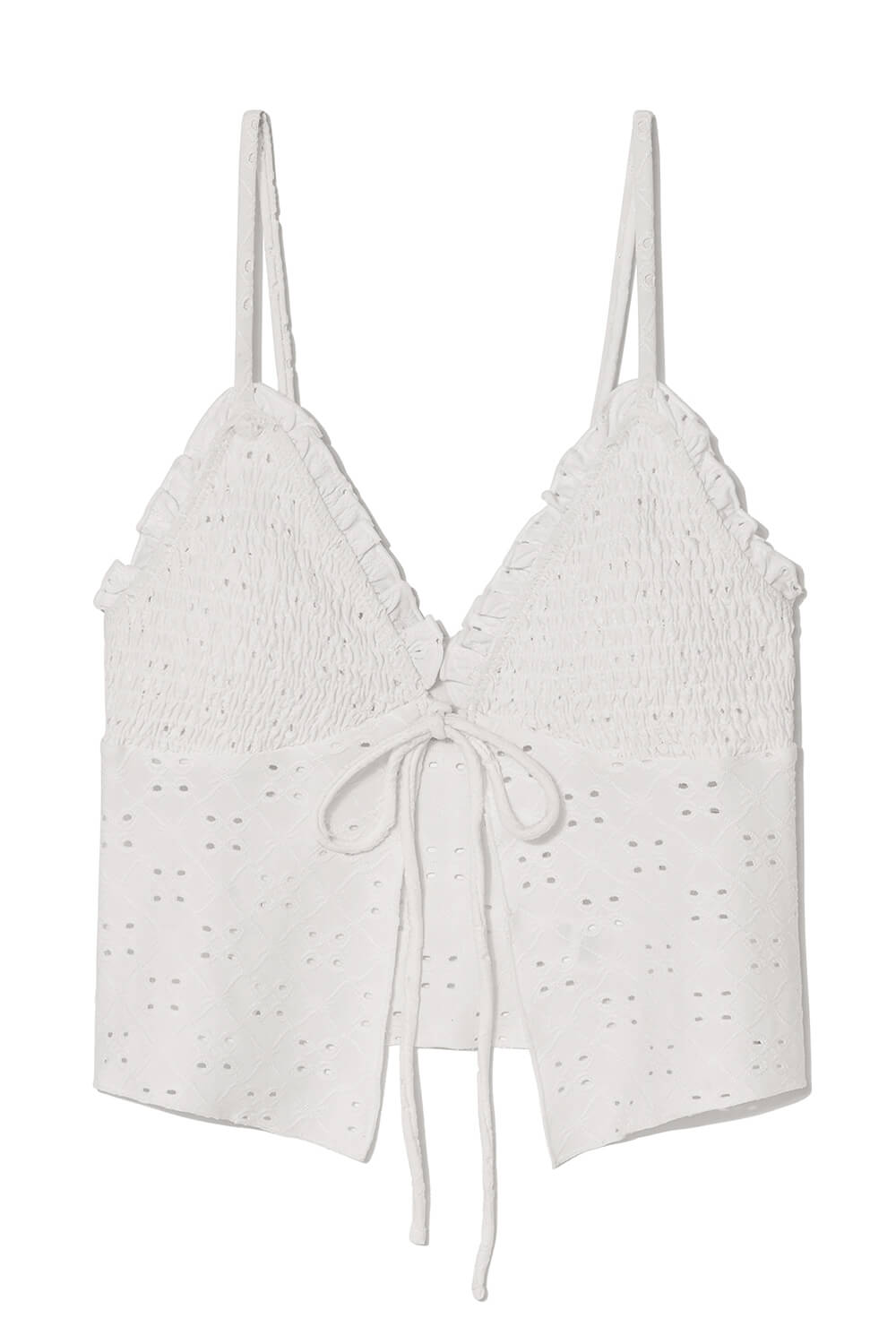 Eyelet Smocked V-Neck Ruffled Tie Front Cropped Tankini Set