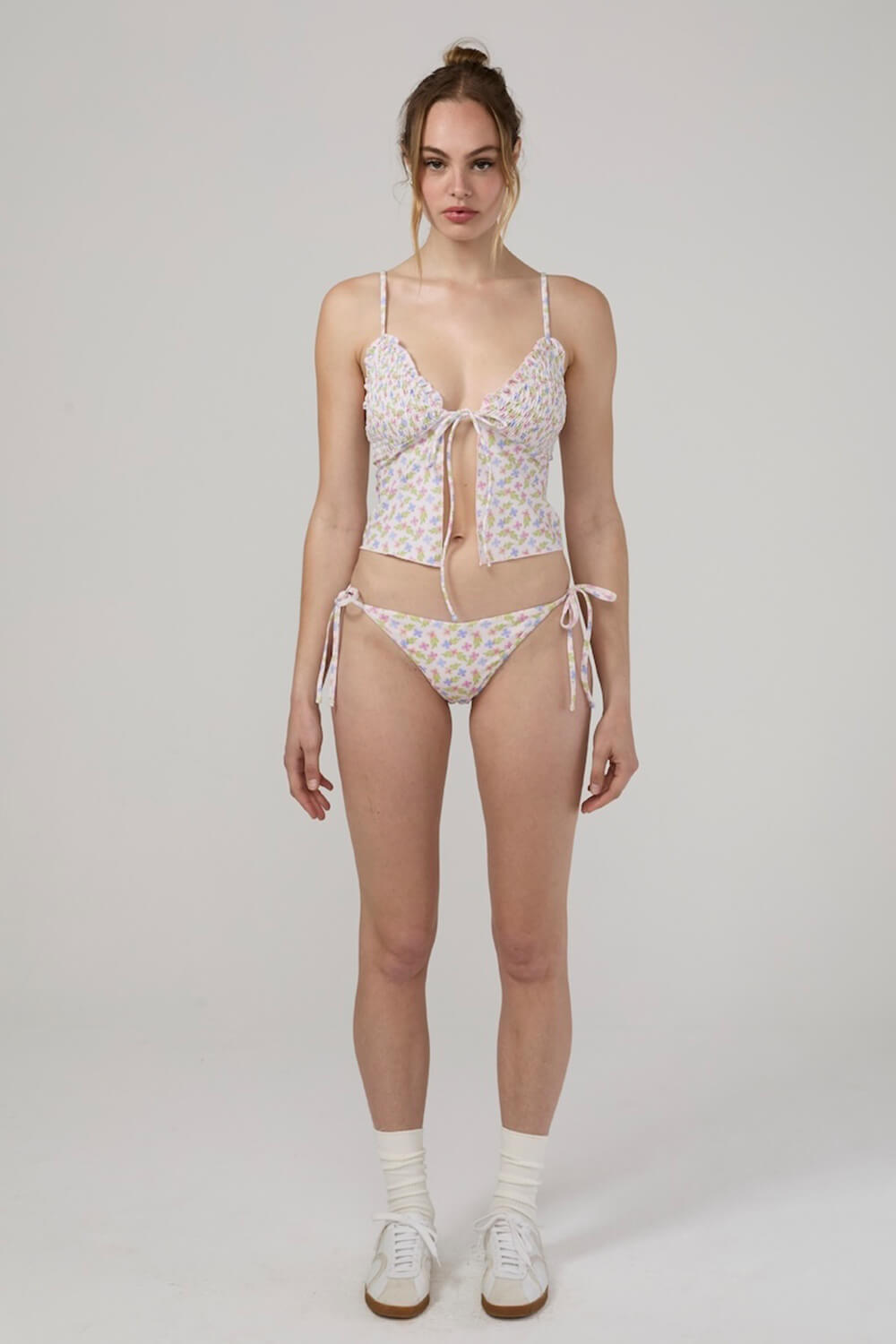 Lavender Blossom Ruffled V-Neck Ruffled Tie Front Cropped Tankini Set