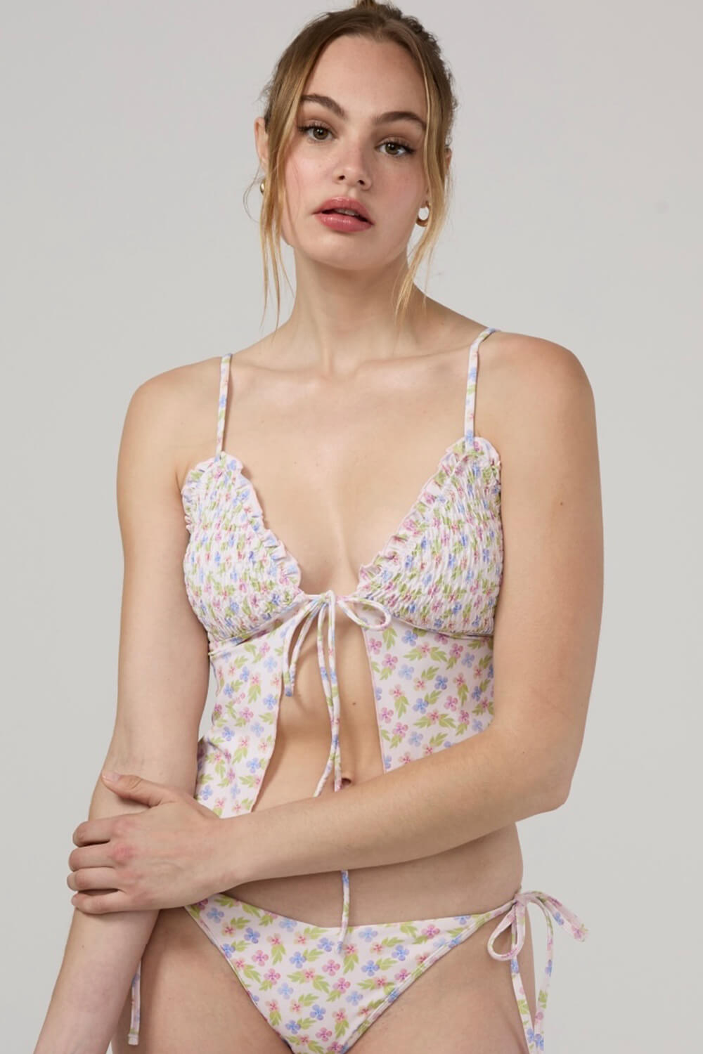Lavender Blossom Ruffled V-Neck Ruffled Tie Front Cropped Tankini Set