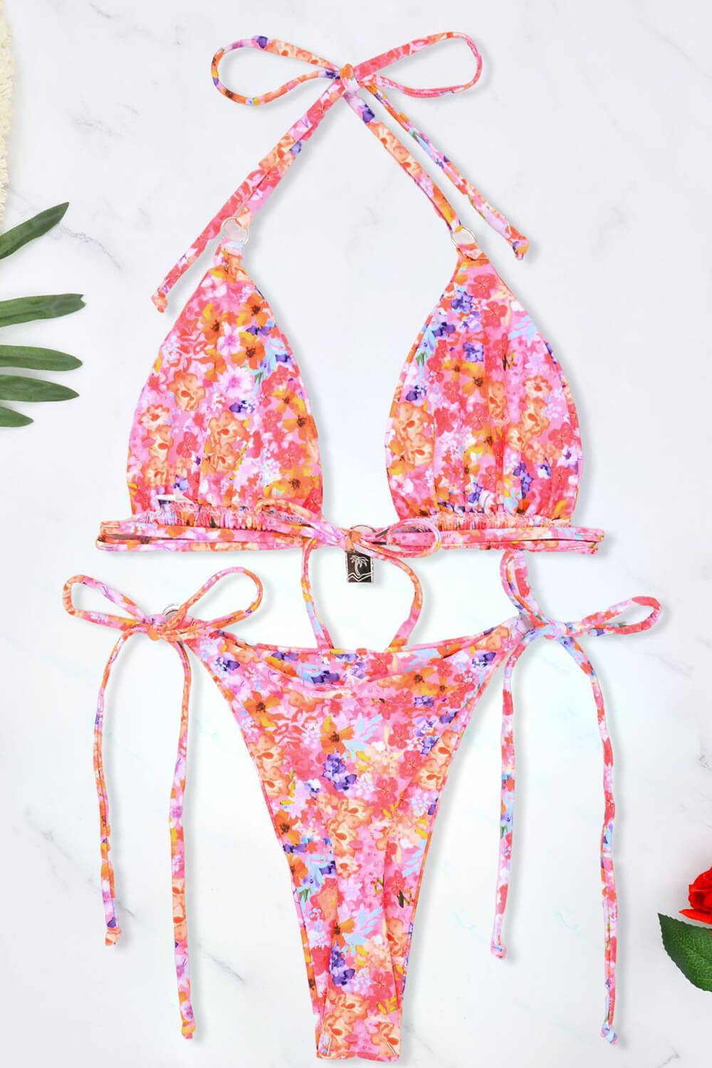 Floral Triangle Halter Tie Side Bikini Set With Ring Details