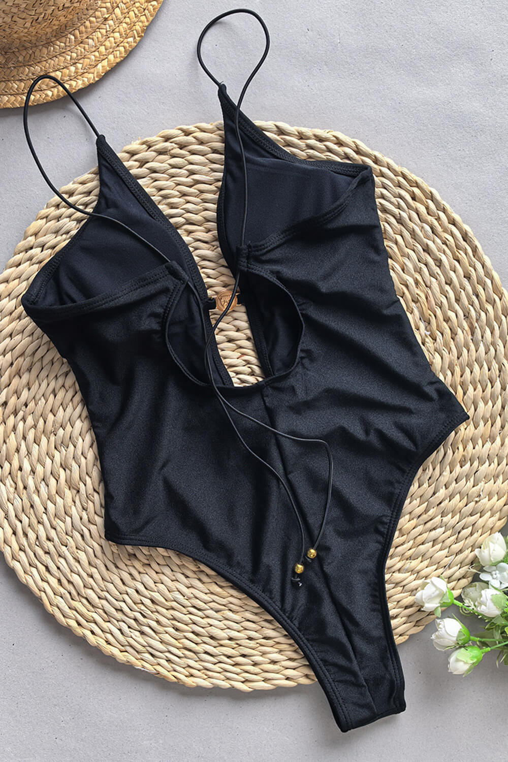 V Neck Cut Out One Piece Swimsuit With Golden Ring Details - Black