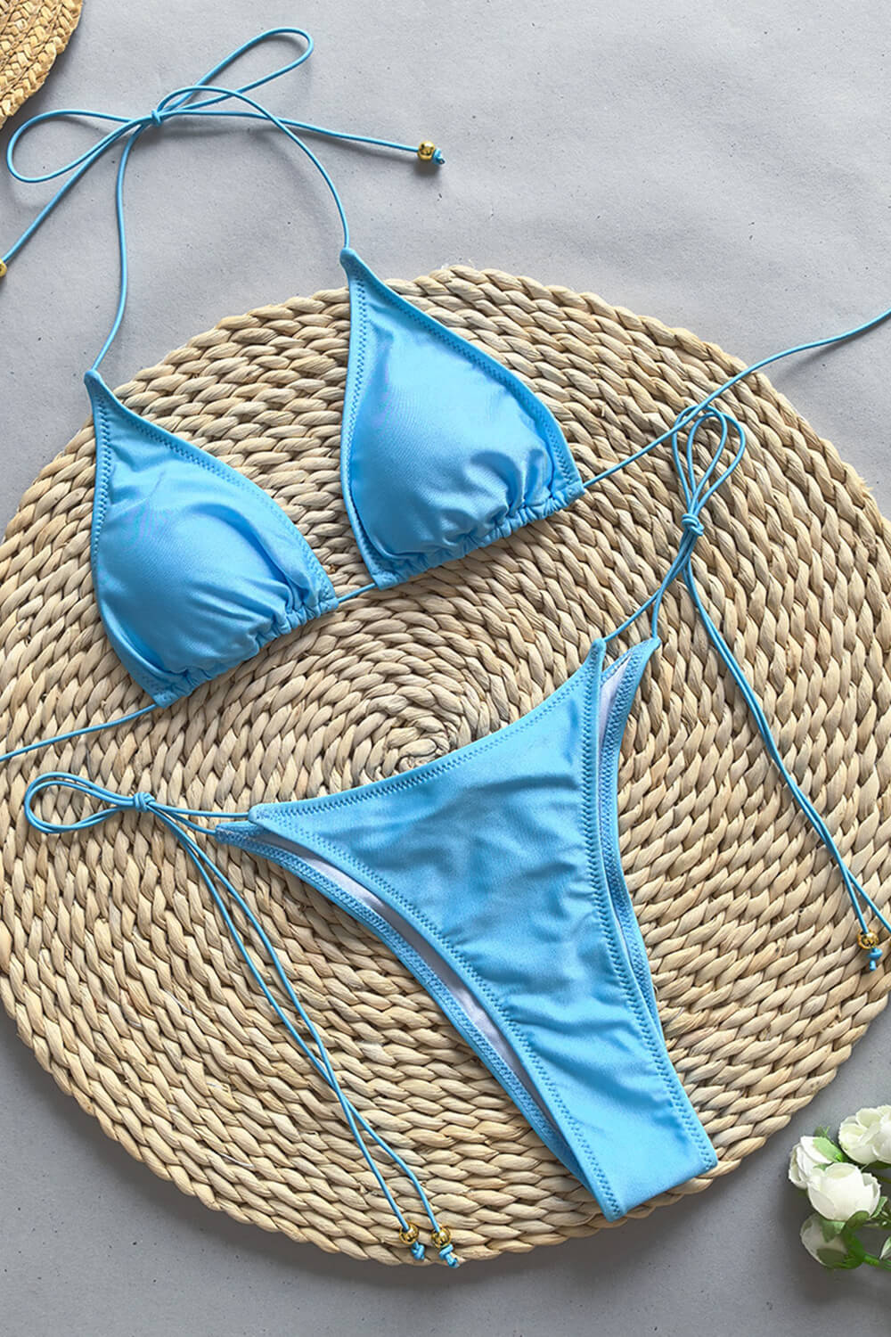 Triangle Halter Adjustable Tie High Cut Bikini Set - Sky Blue