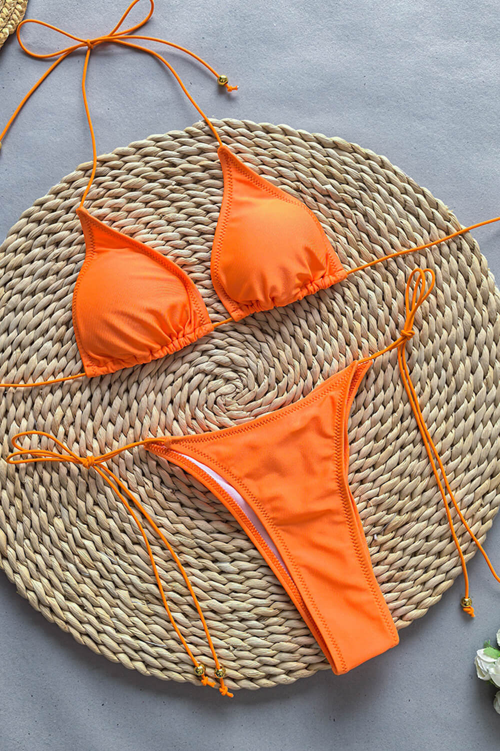 Triangle Halter Adjustable Tie High Cut Bikini Set - Orange