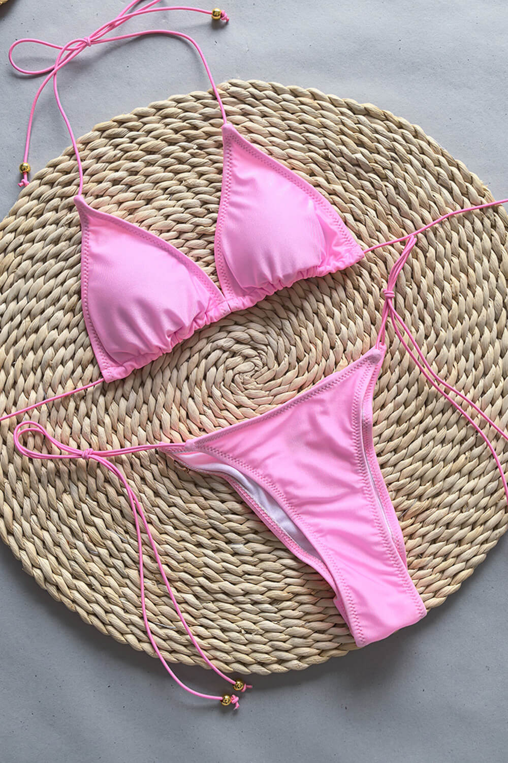 Triangle Halter Adjustable Tie High Cut Bikini Set - Pink