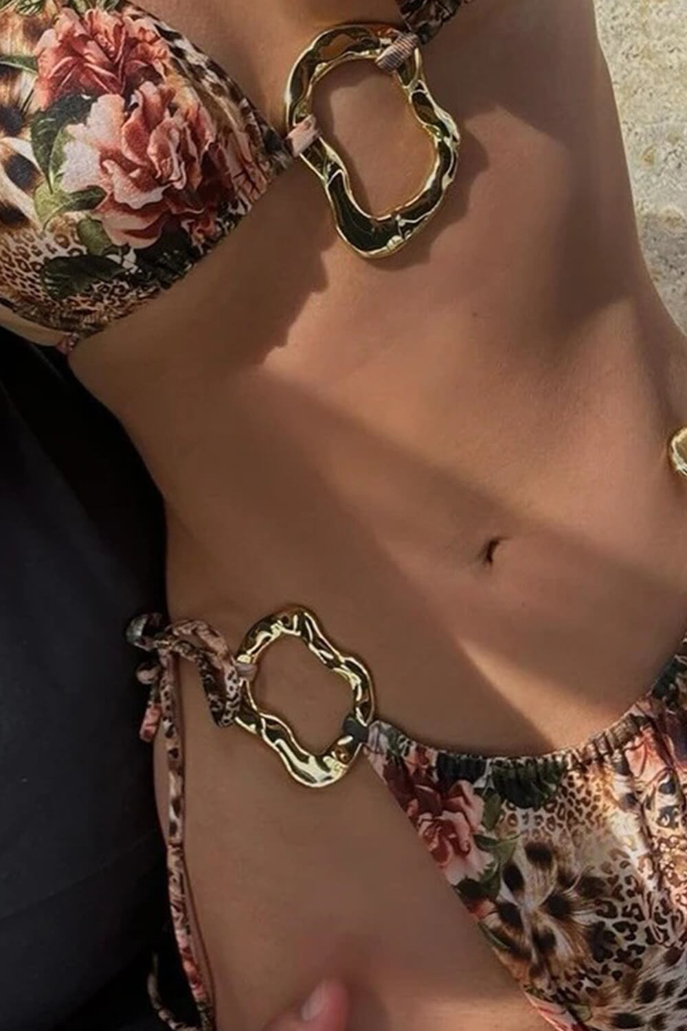 Halter Triangle Tie Side Bikini Set With Gold Hardware Details - Leopard Rose