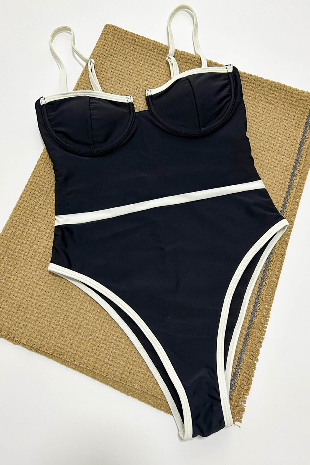 Underwire Contrast Trim High Rise One Piece Swimsuit - Black