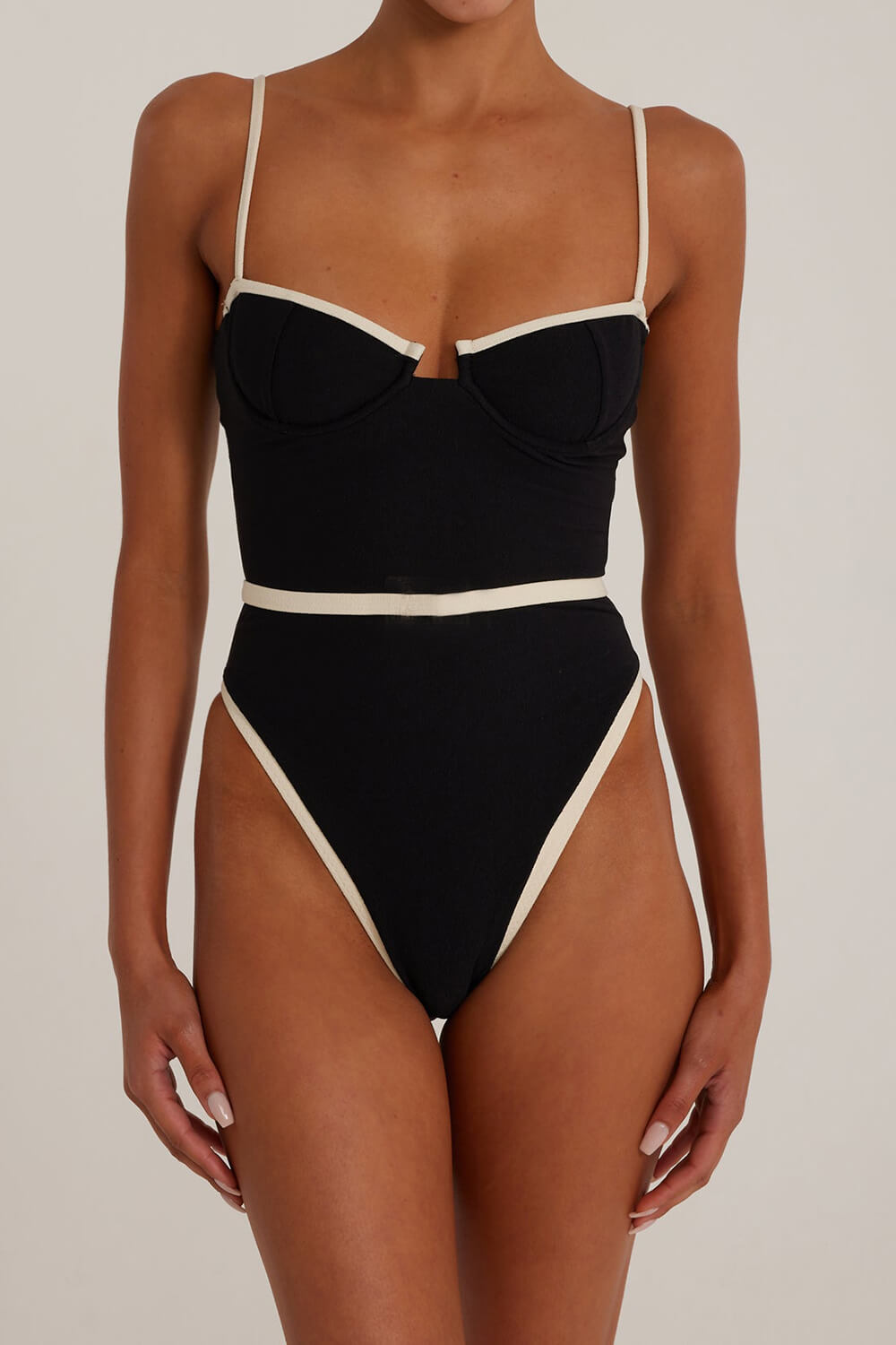 Underwire Contrast Trim High Rise One Piece Swimsuit - Black