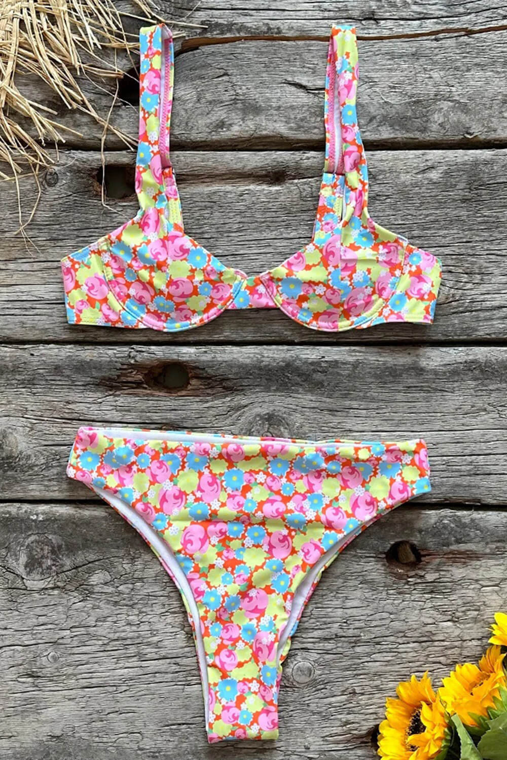 Flower Print Underwire Balconette High Waisted Bikini Set